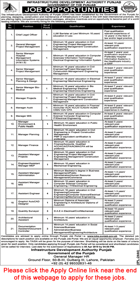 Infrastructure Development Authority Punjab Jobs 2019 March Apply Online IDAP Latest