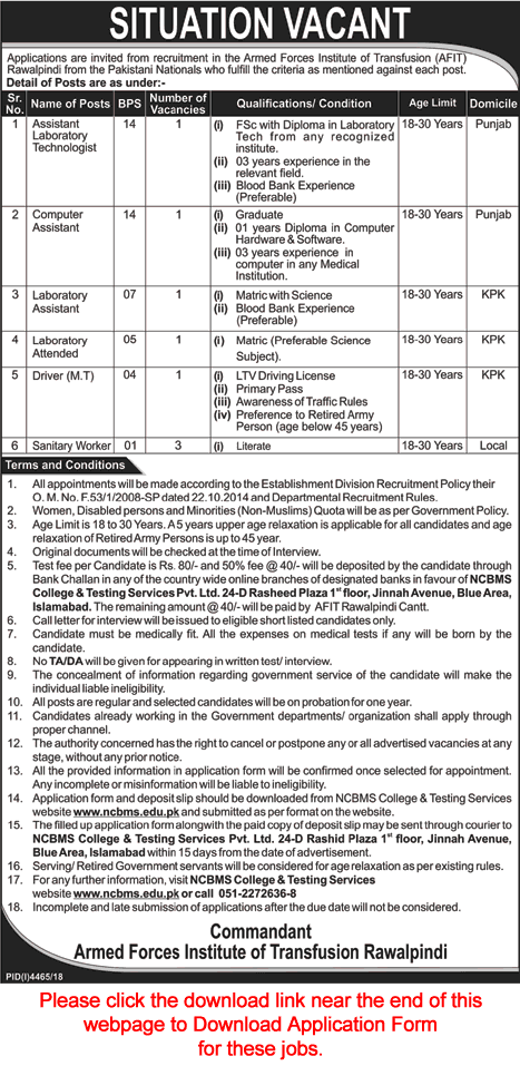 Armed Forces Institute of Transfusion Rawalpindi Jobs 2019 March AFIT Application Form Download Latest