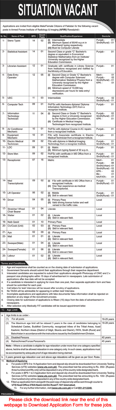Armed Forces Institute of Radiology and Imaging Rawalpindi Jobs 2019 March UTS Application Form Latest