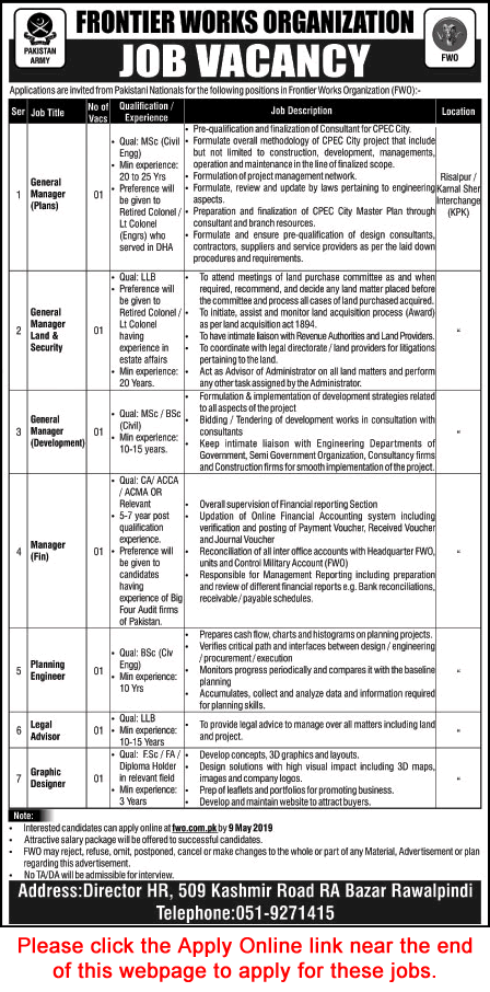 FWO Jobs April 2019 KPK Apply Online Graphic Designer & Others Frontier Works Organization Latest