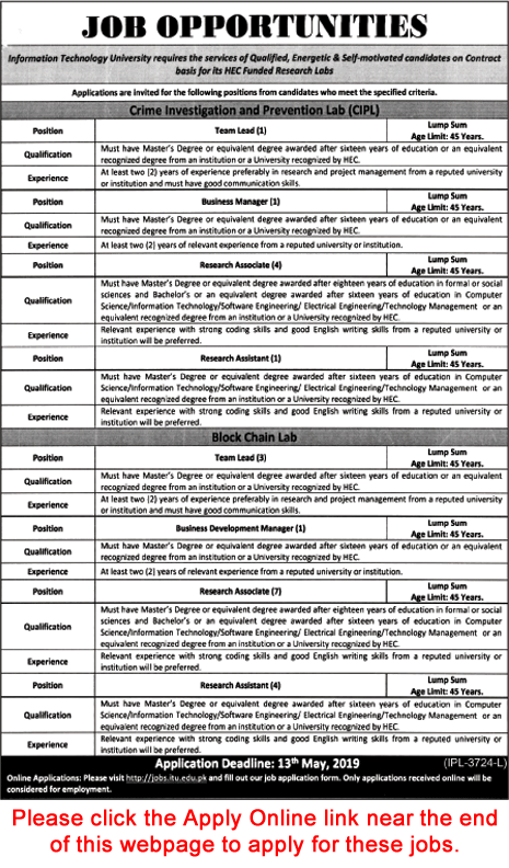 Information Technology University Lahore Jobs April 2019 Apply Online Research Associates & Others Latest