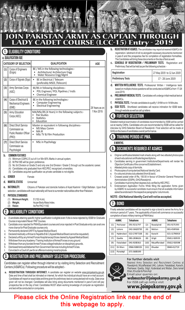 Join Pakistan Army as Captain through Lady Cadet Course 2019 May Online Registration Latest