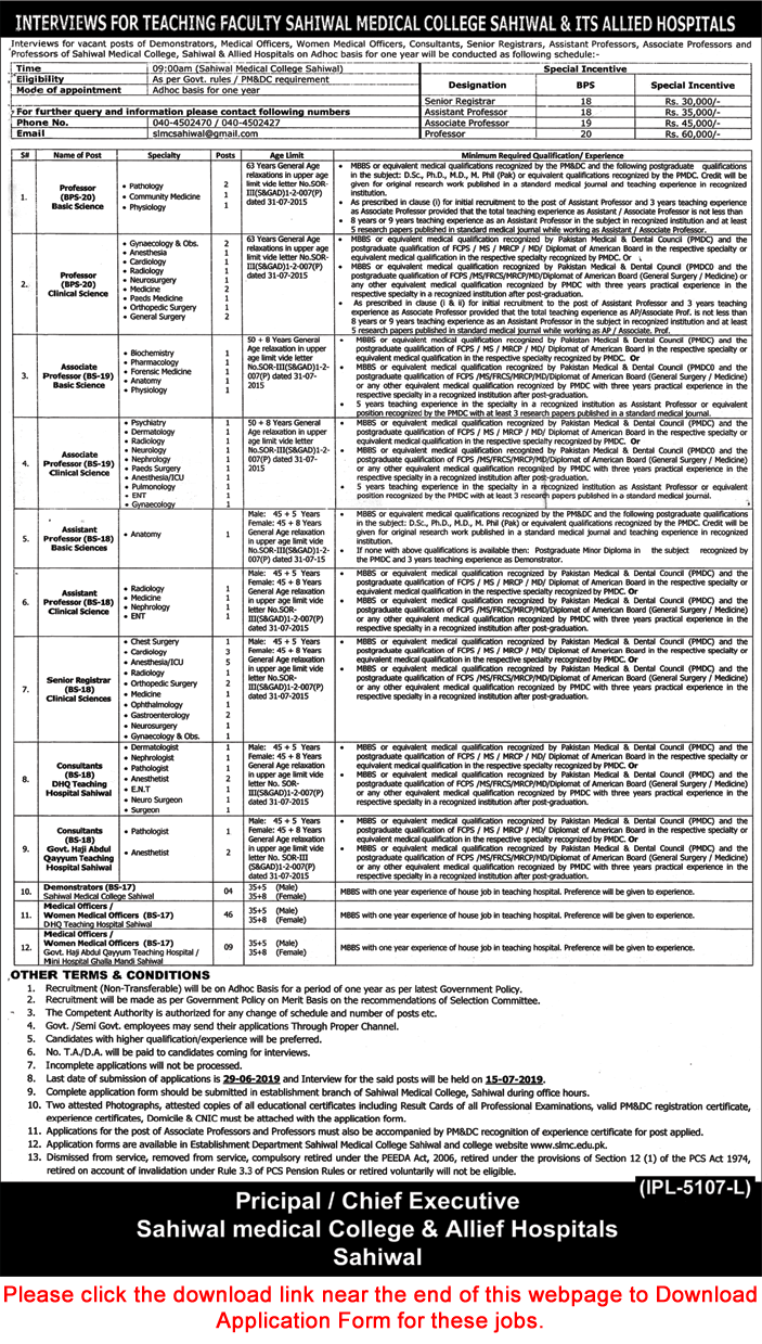 Sahiwal Medical College and Allied Hospitals Jobs June 2019 Application Form Medical Officers & Others Latest
