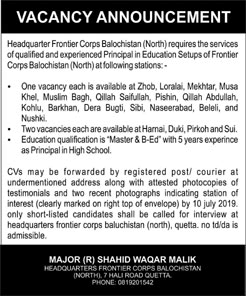 Principal Jobs in FC Balochistan June 2019 July Frontier Corps Latest