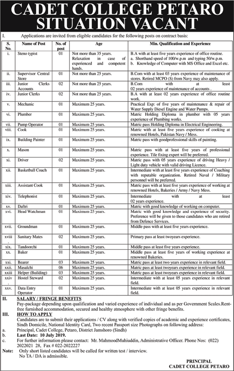 Cadet College Petaro Jobs 2019 June / July Jamshoro Clerks, Masalchi, Helpers, Bearers & Others Latest