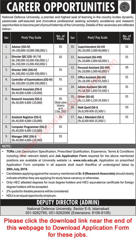 National Defence University Islamabad Jobs July 2019 Application Form NDU Latest