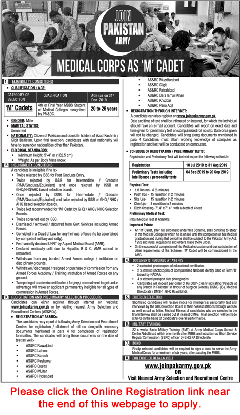 Join Pakistan Army as M Cadet July 2019 Online Registration in Medical Corps Latest