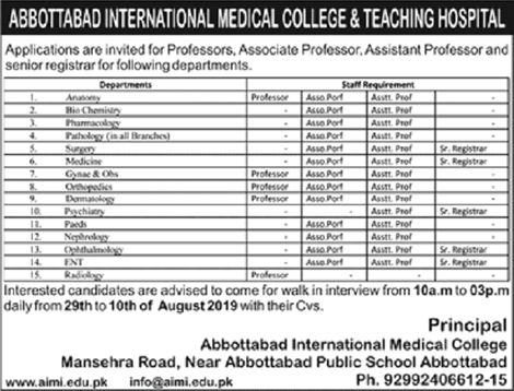 Abbottabad International Medical College and Teaching Hospital Jobs 2019 July / August Teaching Faculty Latest