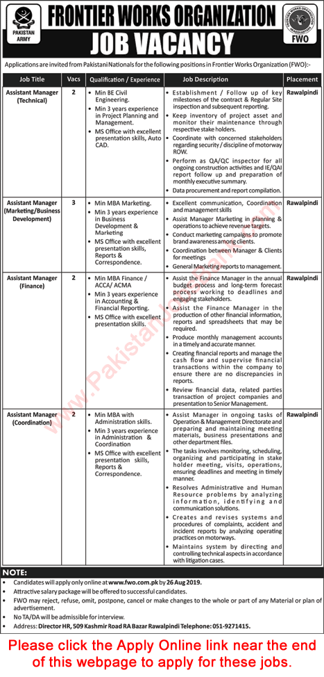 Assistant Manager Jobs in FWO August 2019 Apply Online Frontier Works Organization Latest