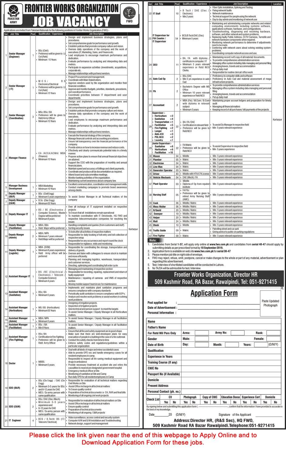 FWO Jobs September 2019 Online Application Form Frontier Works Organization Latest