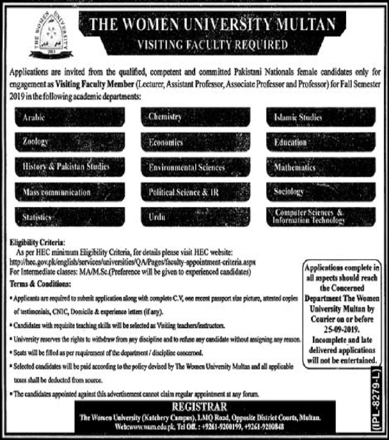 Women University Multan Jobs September 2019 Visiting / Teaching Faculty Latest