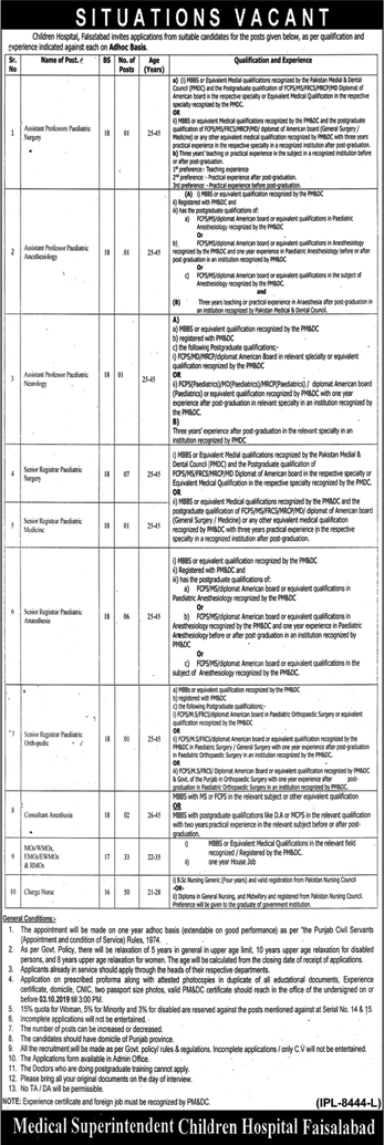 Children's Hospital Faisalabad Jobs September 2019 Medical Officers , Nurses & Others Latest