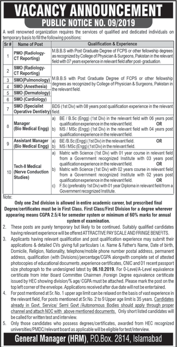 PO Box 2814 Islamabad Jobs September 2019 NESCOM Medical Officers, Technicians & Others Latest