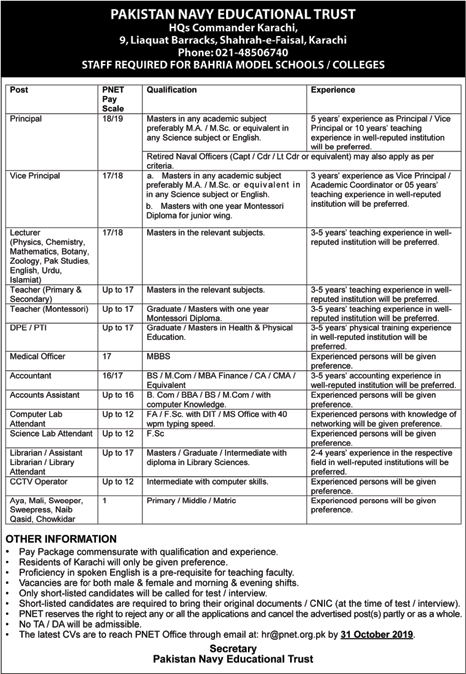 Pakistan Navy Educational Trust Karachi Jobs September 2019 Bahria Model Schools and Colleges PNET Latest