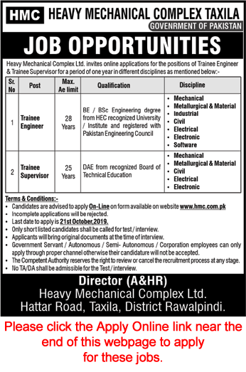 Heavy Mechanical Complex Taxila Jobs October 2019 Apply Online Trainee Engineers & Supervisors HMC Latest