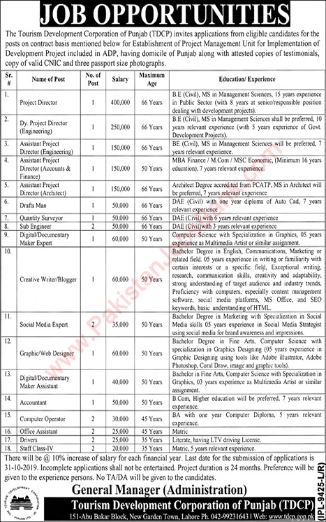 Tourism Development Corporation of Punjab Jobs October 2019 Computer Operators & Others TDCP Latest