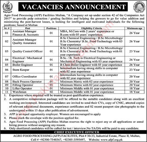 Agro Food Processing Multan Jobs 2019 October Assistant Managers & Others AFP Latest