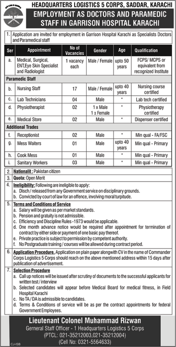 Headquarters Logistics 5 Corps Karachi Jobs 2019 November Nurses, Specialist Doctors Pakistan Army Latest