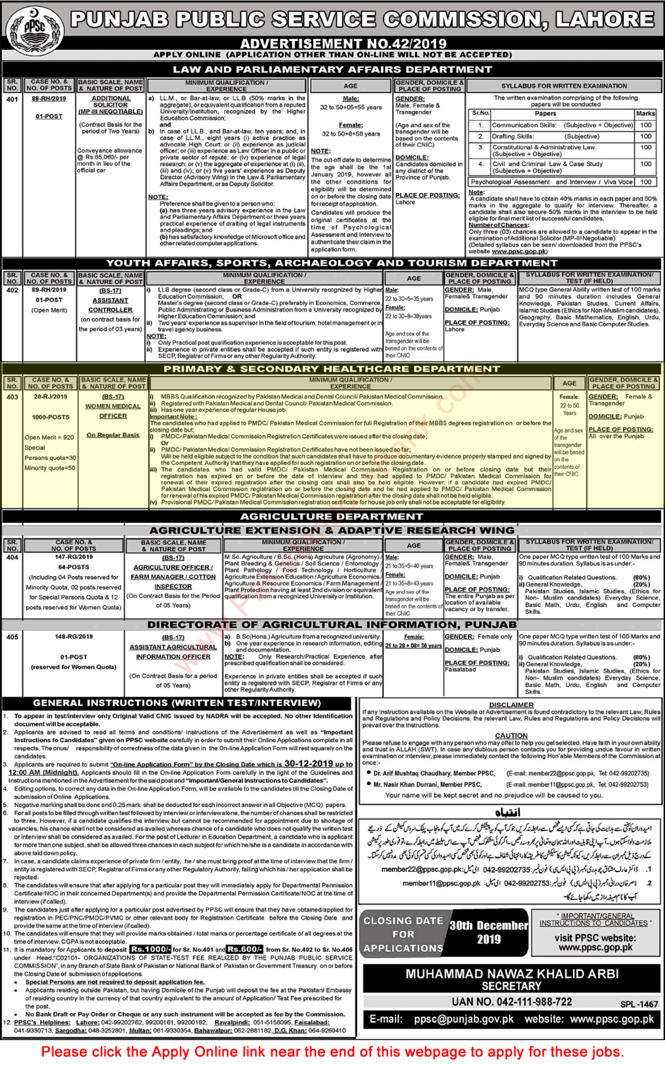 Women Medical Officer Jobs in Primary & Secondary Healthcare Department Punjab December 2019 PPSC Online Apply Latest