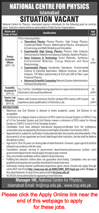 National Centre for Physics Islamabad Jobs 2019 December Apply Online Scientific Officers / Assistants & Lab Attendant Latest
