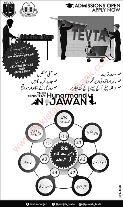 TEVTA Free Courses in Punjab December 2019 Chief Minister's Hunarmand Jawan Program Latest