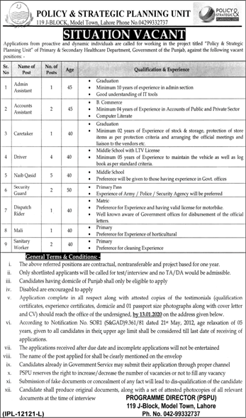 Policy and Strategic Planning Unit Punjab Jobs December 2019 / 2020 PSPU Latest