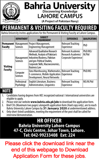 Bahria University Lahore Campus Jobs 2020 Application Form Teaching Faculty Latest