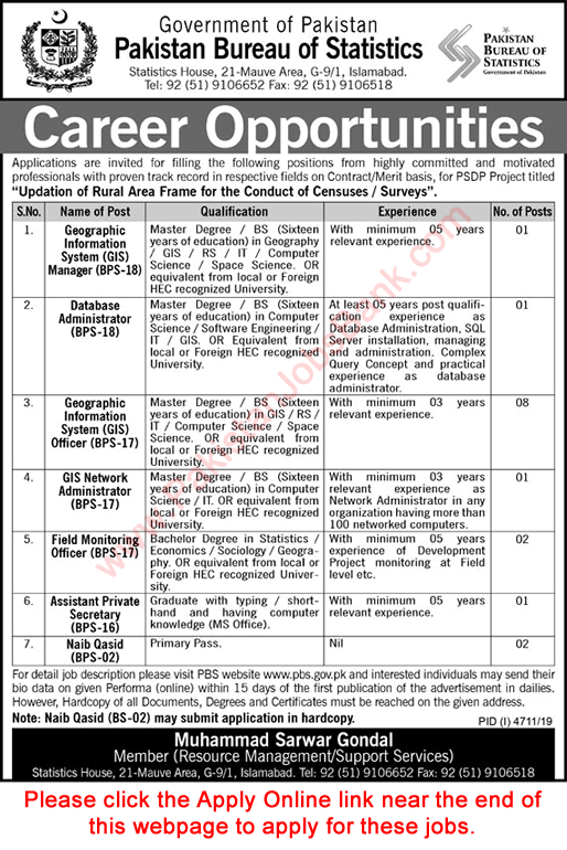 Pakistan Bureau of Statistics Jobs 2020 February Apply Online GIS Officer & Others Latest