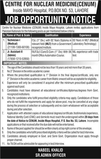 Centre for Nuclear Medicine Lahore Jobs 2020 February Medical Technician & Admin Assistant CENUM Latest