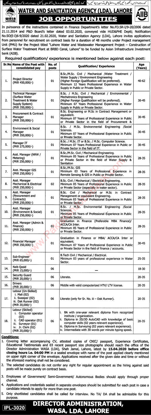 WASA Lahore Jobs 2020 March LDA Naib Qasid, Security Guards, Drivers & Others Latest