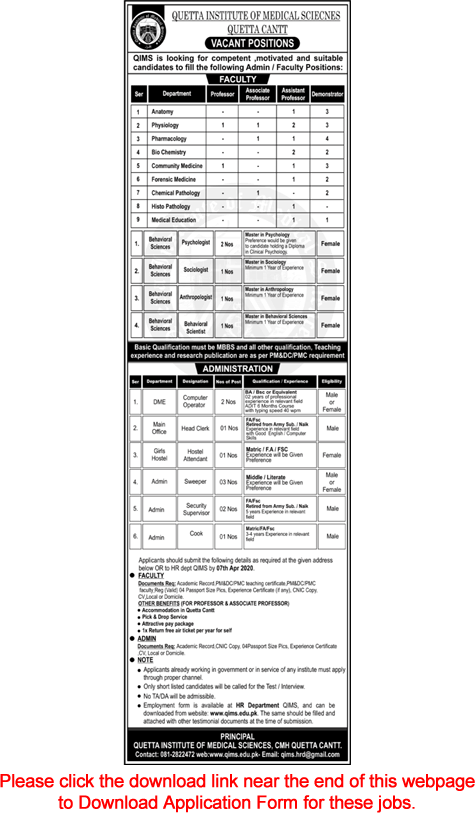 Quetta Institute of Medical Sciences Jobs 2020 March Application Form Teaching Faculty & Others Latest