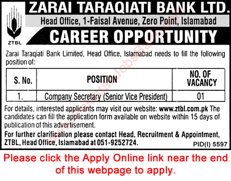 Company Secretary Jobs in ZTBL April 2020 Apply Online Zarai Taraqiati Bank Limited Latest