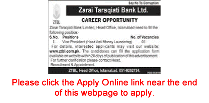 Anti-Money Laundering Head Jobs in ZTBL 2020 April Apply Online Vice President Latest