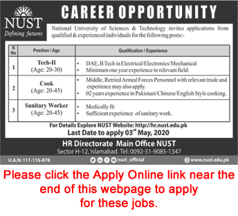 NUST University Islamabad Jobs April 2020 Apply Online Technician, Cook & Sanitary Worker Latest