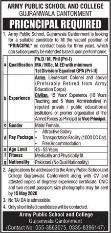 Principal Jobs in Army Public School and College Gujranwala 2020 May Latest