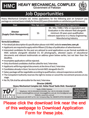 Director Jobs in Heavy Mechanical Complex Taxila 2020 May Application Form HMC Latest