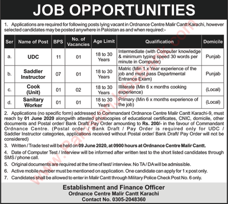 Ordnance Center Malir Cantt Karachi Jobs 2020 May Clerk, Cooks & Others Pakistan Army Latest