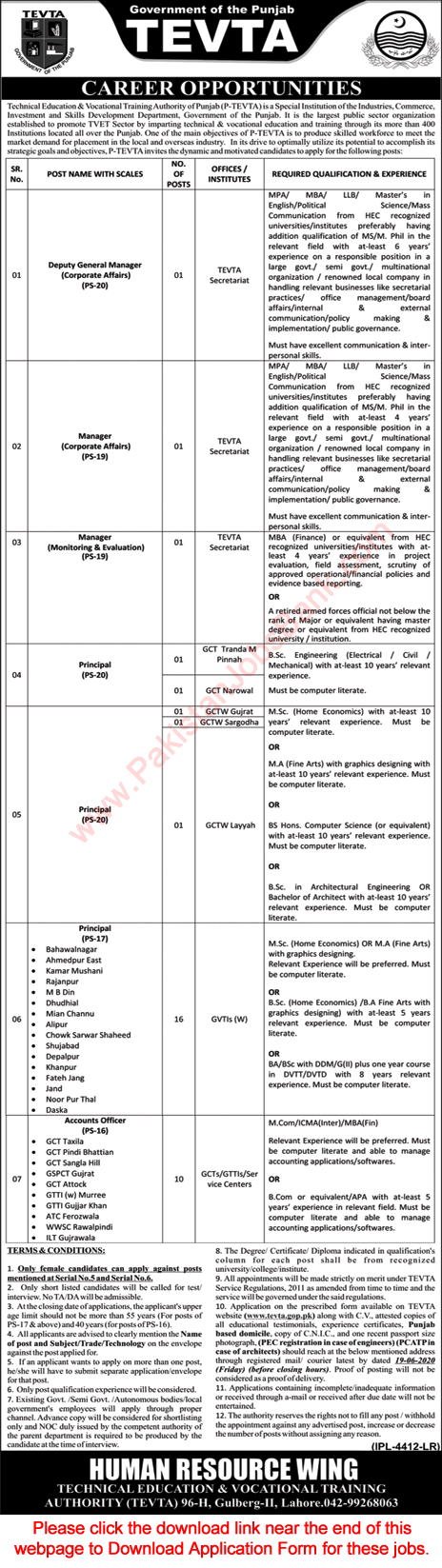 TEVTA Jobs May 2020 June Application Form Principals, Accounts Officers & Others Latest