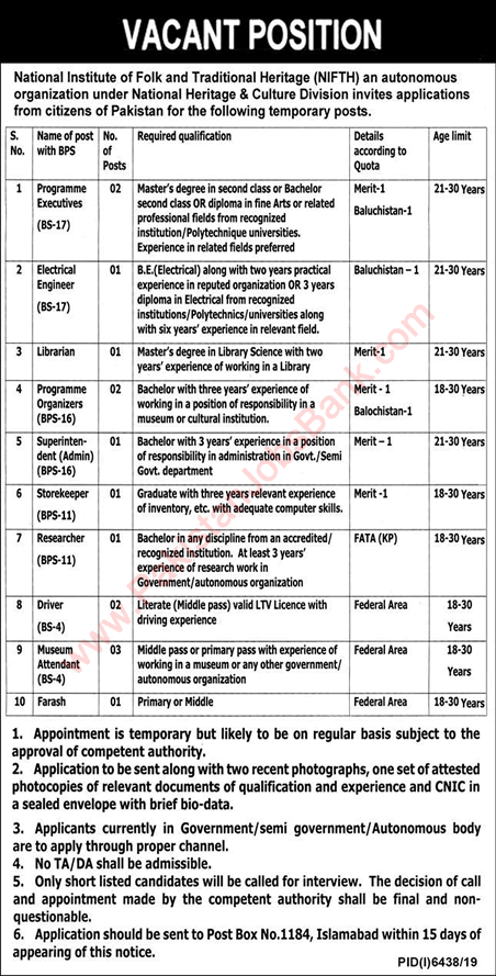 National Institute of Folk and Traditional Heritage Jobs 2020 June NIFTH Museum Attendant & Others Latest