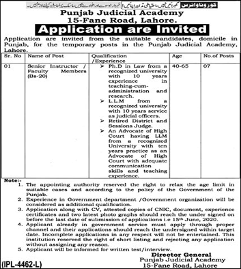 Senior Instructor / Faculty Member Jobs in Punjab Judicial Academy Lahore 2020 June Latest