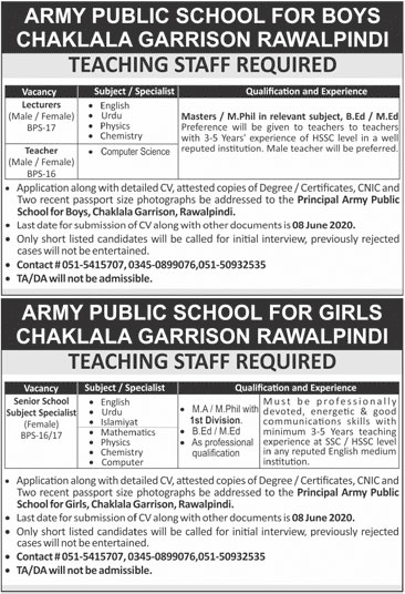 Teaching Jobs in Army Public School Chaklala Garrison Rawalpindi 2020 June Latest