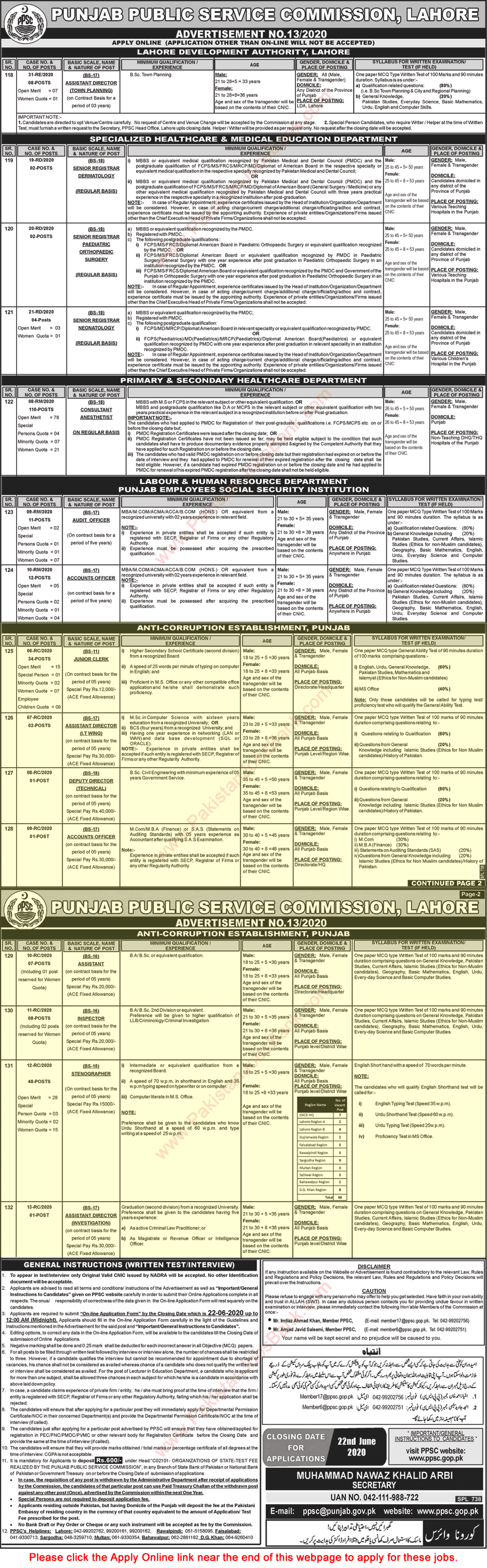 Anti-Corruption Establishment Punjab Jobs June 2020 PPSC Online Apply Clerks, Stenographers & Others Latest