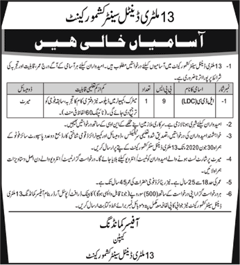 Clerk Jobs in 13 Military Dental Center Kashmore Cantt 2020 June Pakistan Army Latest