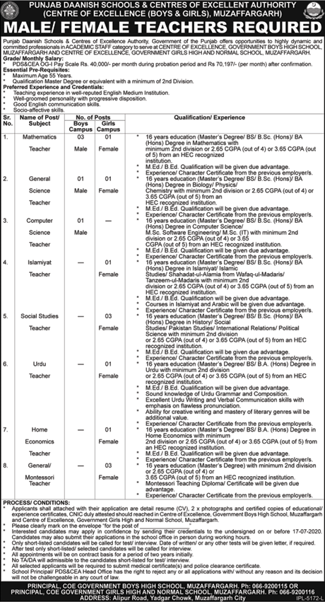 Daanish School Muzaffargarh Jobs 2020 June for Teacher Center of Excellence Latest