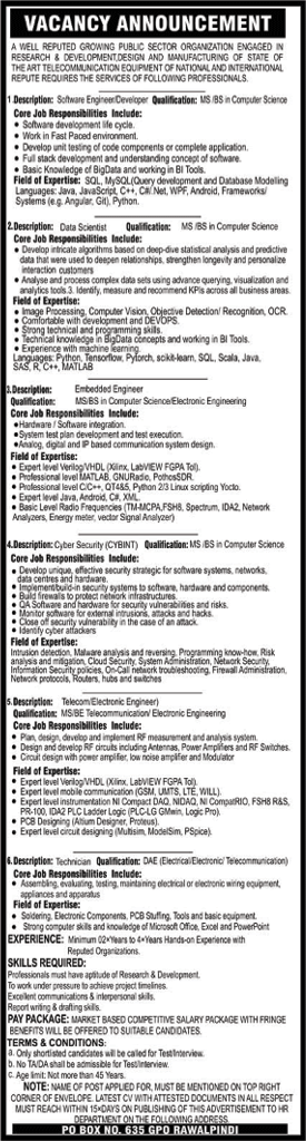 PO Box 635 GPO Rawalpindi Jobs 2020 June Software Developers / Engineers & Others Public Sector Organization Latest