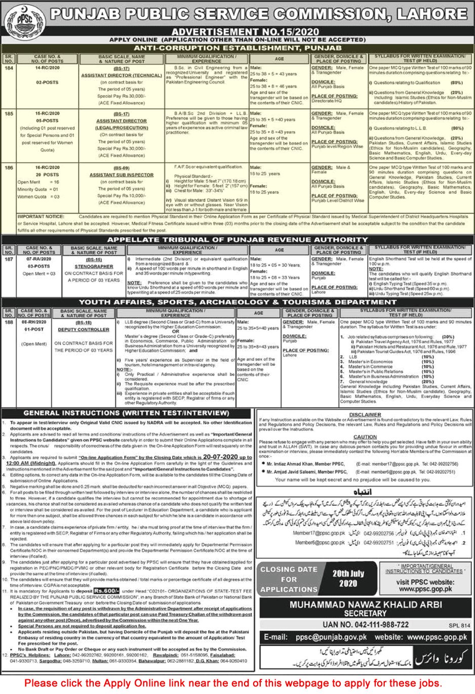 Anti-Corruption Establishment Punjab Jobs July 2020 ASI & Assistant Directors PPSC Online Apply Latest