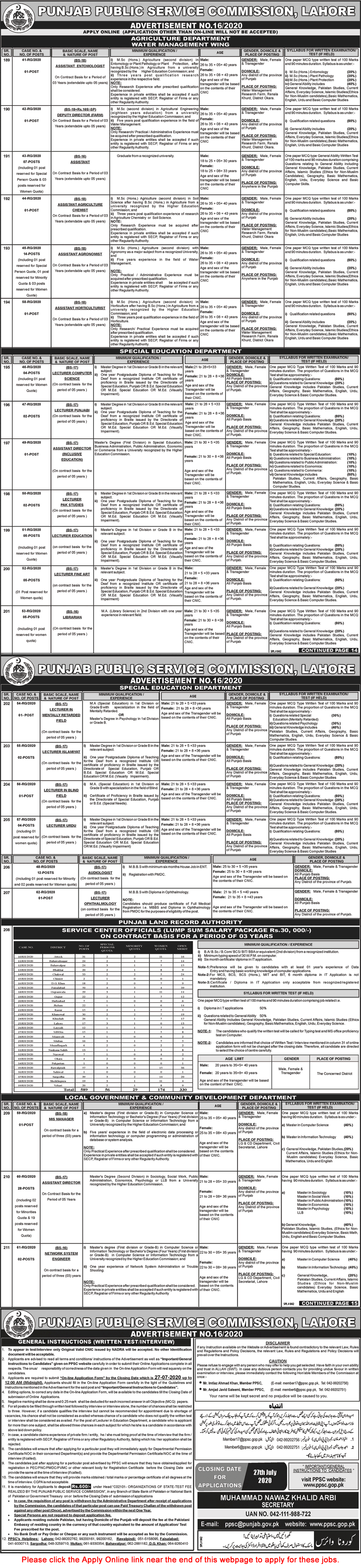 PPSC Jobs July 2020 Apply Online Consolidated Advertisement No 16/2020 Latest