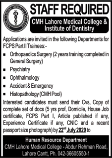CMH Lahore Medical College FCPS Postgraduate Training 2020 July Latest