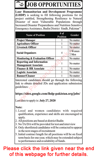 LHDP Pakistan Jobs 2020 July Laar Humanitarian and Development Programme NGO Latest