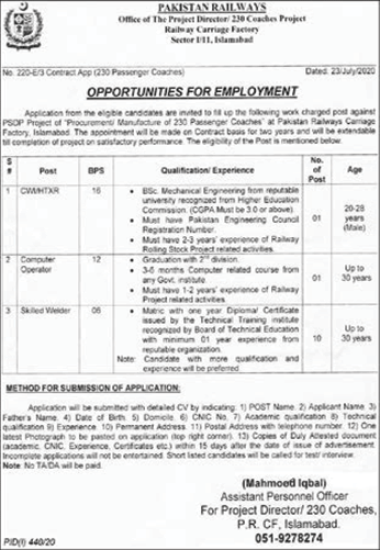 Pakistan Railways Jobs July 2020 Mechanical Engineer, Computer Operator & Welders Latest